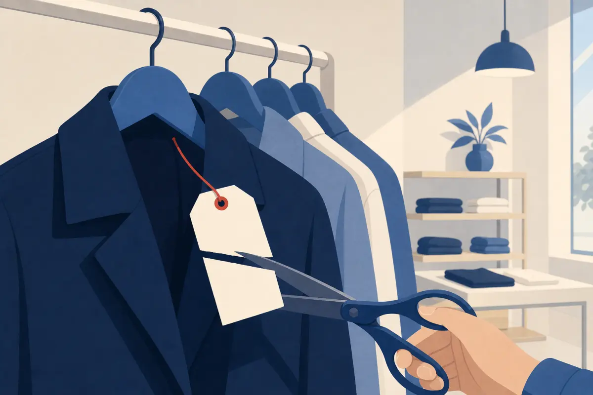 Et prismærke på en frakke i en tøjbutik, som klippes over med en saks